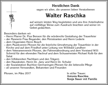 Traueranzeige von Walter Raschka von Allgäuer Zeitung, Kaufbeuren/Buchloe
