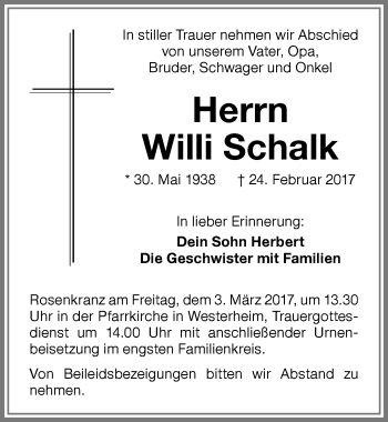 Traueranzeige von Willi Schalk von Memminger Zeitung