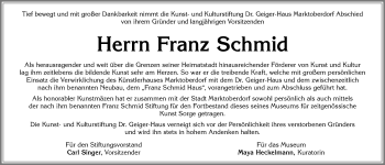 Traueranzeige von Franz Schmid von Allgäuer Zeitung, Marktoberdorf