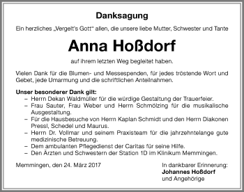 Traueranzeige von Anna Hoßdorf von Memminger Zeitung