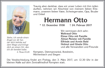 Traueranzeige von Hermann Otto von Allgäuer Zeitung,Kempten