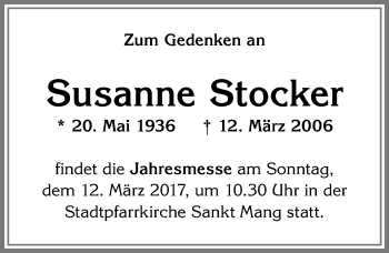 Traueranzeige von Susanne Stocker von Allgäuer Zeitung, Füssen