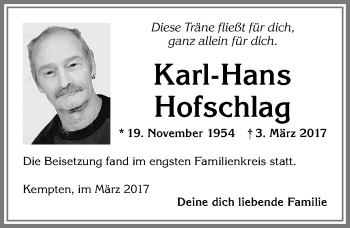 Traueranzeige von Karl-Hans Hofschlag von Allgäuer Zeitung,Kempten