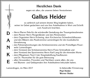 Traueranzeige von Gallus Heider von Allgäuer Zeitung, Kaufbeuren/Buchloe