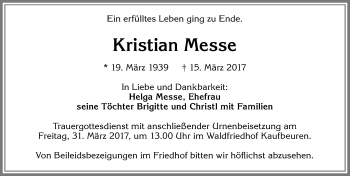 Traueranzeige von Kristian Messe von Allgäuer Zeitung, Marktoberdorf