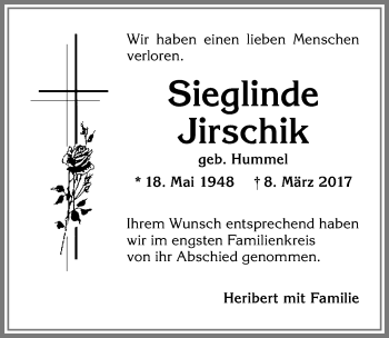 Traueranzeige von Sieglinde Jirschik von Allgäuer Zeitung,Kempten