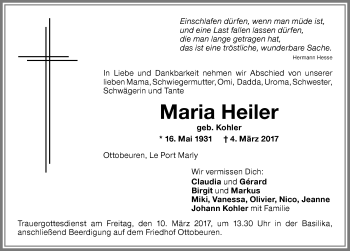 Traueranzeige von Maria Heiler von Memminger Zeitung