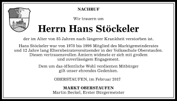 Traueranzeige von Hans Stöckeler von Allgäuer Anzeigeblatt
