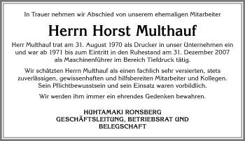 Traueranzeige von Horst Multhauf von Allgäuer Zeitung