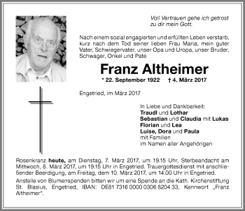Traueranzeige von Franz Altheimer von Memminger Zeitung