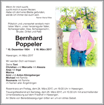 Traueranzeige von Bernhard Poppeler von Memminger Zeitung