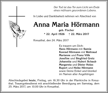 Traueranzeige von Anna Maria Hörmann von Allgäuer Zeitung,Kempten