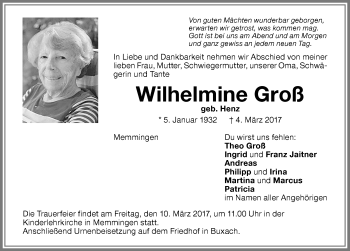 Traueranzeige von Wilhelmine Groß von Memminger Zeitung