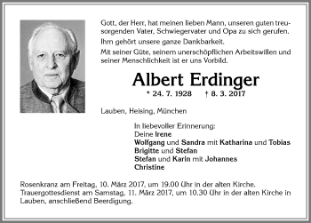 Traueranzeige von Albert Erdinger von Allgäuer Zeitung,Kempten