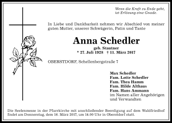 Traueranzeige von Anna Schedler von Allgäuer Anzeigeblatt