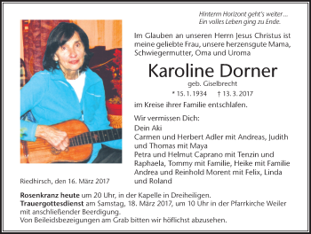 Traueranzeige von Karoline Dorner von Der Westallgäuer