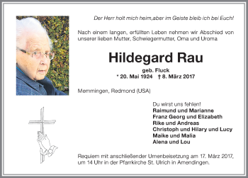 Traueranzeige von Hildegard Rau von Memminger Zeitung