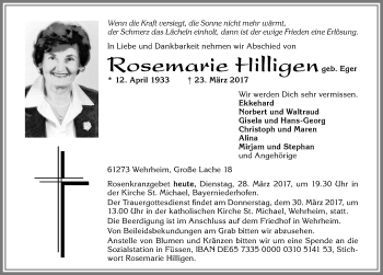 Traueranzeige von Rosemarie Hilligen von Allgäuer Zeitung, Füssen