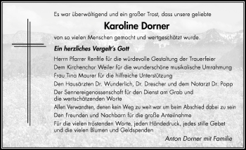 Traueranzeige von Karoline Dorner von Der Westallgäuer