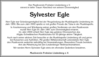 Traueranzeige von Sylvester Egle von Allgäuer Zeitung, Kaufbeuren/Buchloe