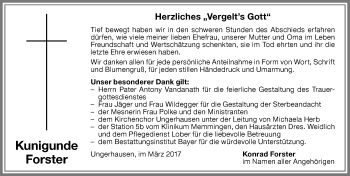 Traueranzeige von Kunigunde Forster von Memminger Zeitung