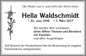 Traueranzeige von Hella Waldschmidt von Allgäuer Zeitung, Füssen