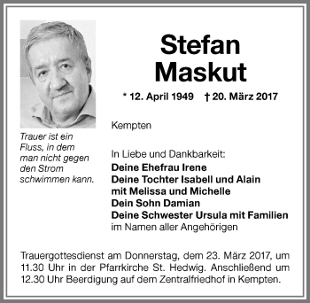 Traueranzeige von Stefan Maskut von Allgäuer Zeitung,Kempten