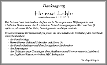 Traueranzeige von Helmut Lehle von Allgäuer Zeitung, Füssen