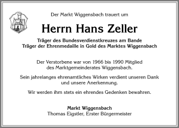 Traueranzeige von Hans Zeller von Allgäuer Zeitung,Kempten