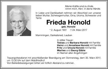 Traueranzeige von Frieda Honold von Memminger Zeitung