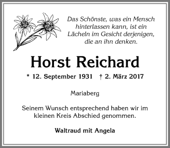 Traueranzeige von Horst Reichard von Allgäuer Zeitung,Kempten