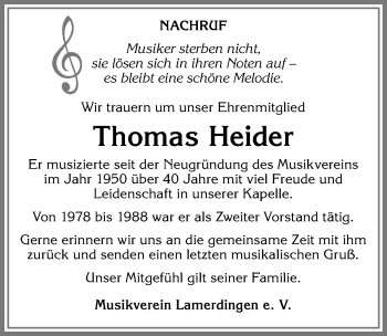 Traueranzeige von Thomas Heider von Allgäuer Zeitung, Kaufbeuren/Buchloe