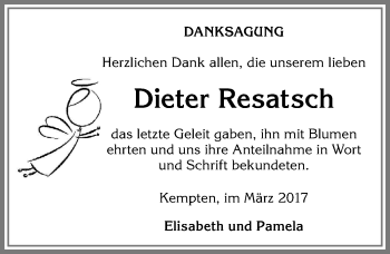 Traueranzeige von Dieter Resatsch von Allgäuer Zeitung,Kempten