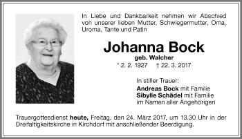 Traueranzeige von Johanna Bock von Memminger Zeitung