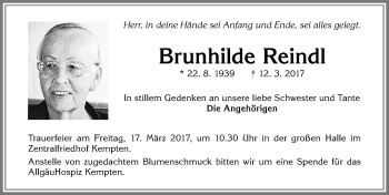Traueranzeige von Brunhilde Reindl von Allgäuer Zeitung,Kempten