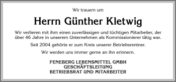 Traueranzeige von Günther Kletwig von Allgäuer Zeitung,Kempten