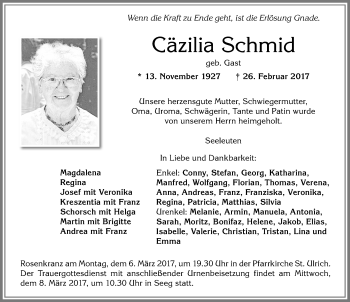 Traueranzeige von Cäzilia Schmid von Allgäuer Zeitung, Füssen