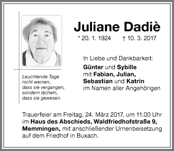 Traueranzeige von Juliane Dadié von Memminger Zeitung