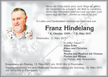 Traueranzeige von Franz Hindelang von Allgäuer Zeitung, Marktoberdorf