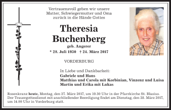 Traueranzeige von Theresia Buchenberg von Allgäuer Anzeigeblatt