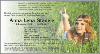 Traueranzeige von Anna-Lena Städele von Allgäuer Zeitung, Kaufbeuren/Buchloe