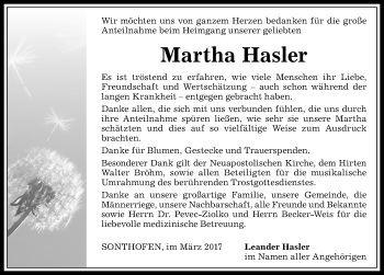 Traueranzeige von Martha Hasler von Allgäuer Anzeigeblatt