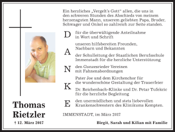 Traueranzeige von Thomas Rietzler von Allgäuer Anzeigeblatt