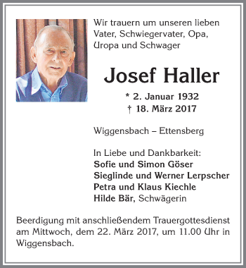 Traueranzeige von Josef Haller von Allgäuer Zeitung,Kempten