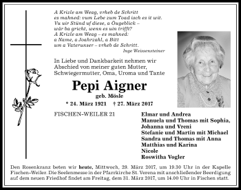 Traueranzeige von Pepi Aigner von Allgäuer Anzeigeblatt