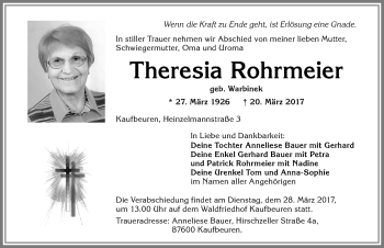 Traueranzeige von Theresia Rohrmeier von Allgäuer Zeitung, Kaufbeuren/Buchloe