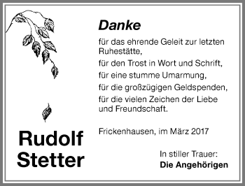 Traueranzeige von Rudolf Stetter von Memminger Zeitung