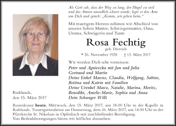 Traueranzeige von Rosa Fechtig von Der Westallgäuer
