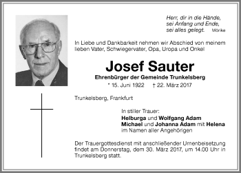 Traueranzeige von Josef Sauter von Memminger Zeitung