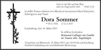 Traueranzeige von Dora Sommer von Der Westallgäuer